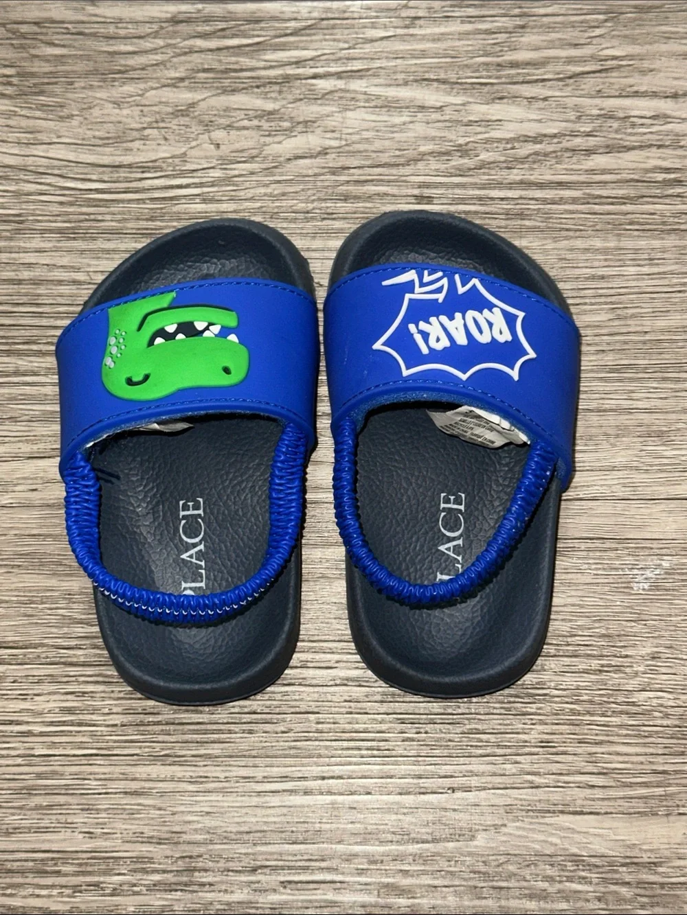 The Children's Place Blue Slide Sandals with Green Dinosaur and 'ROAR'